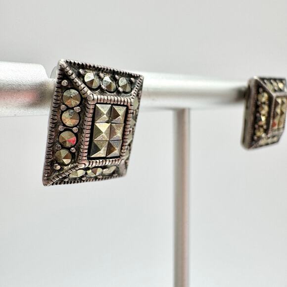 Marcasite Rhinestone 925 Silver Art Deco Revival Rectangle Earrings Tested - Picture 5 of 15